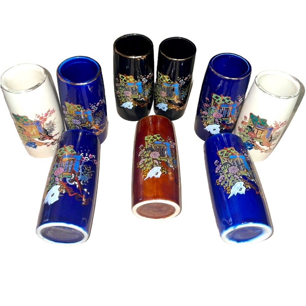 (9) available Vintage satsuma cylinder vases. “Japan” embossed on back.Porcelain